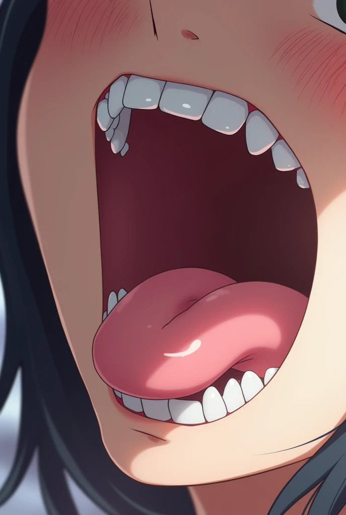 anime screencap,, 1girl, solo, short hair, black hair,, , looking at viewer, black kimono, hair between eyes, kimono, (close-up), blush, open mouth, big mouth, tongue, tongue out, close up, saliva, uvula, uvula, mouth focus, excessive saliva, hair one eye covered, room, indoors, angry, large tongue, long tongue, huge mouth, long tongue, large tongue, angry, looking at viewer, closed eyes,