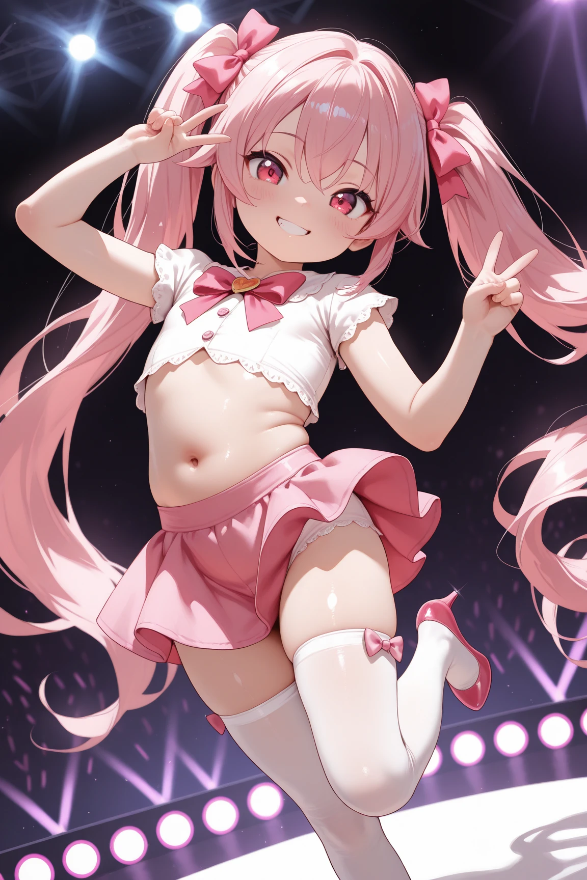 Happy young girl, with wolf ears and pink hair, holding her cheeks, wolf tail, wearing a latex dress, looking at veiwer, full body, you can see her chest, naked breasts
