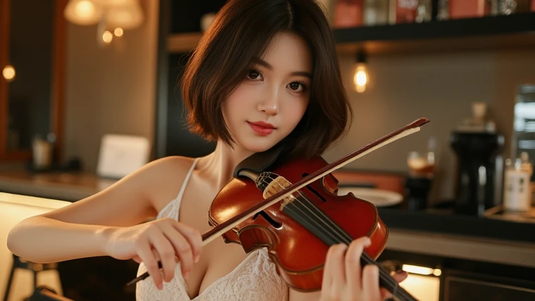 (20-year-old Japanese top idol), (Small breasts,:1.5,),(solo,Textured skin, High detail, Highest quality, Super detailed, Surrealism, realism,8k,RAW Photos,Professional Lighting,),(((Live house lighting,violinist,Rock Violin,Standing and holding a violin,Bob Hair,Full Body Shot,Red long dress,Spotlight)))