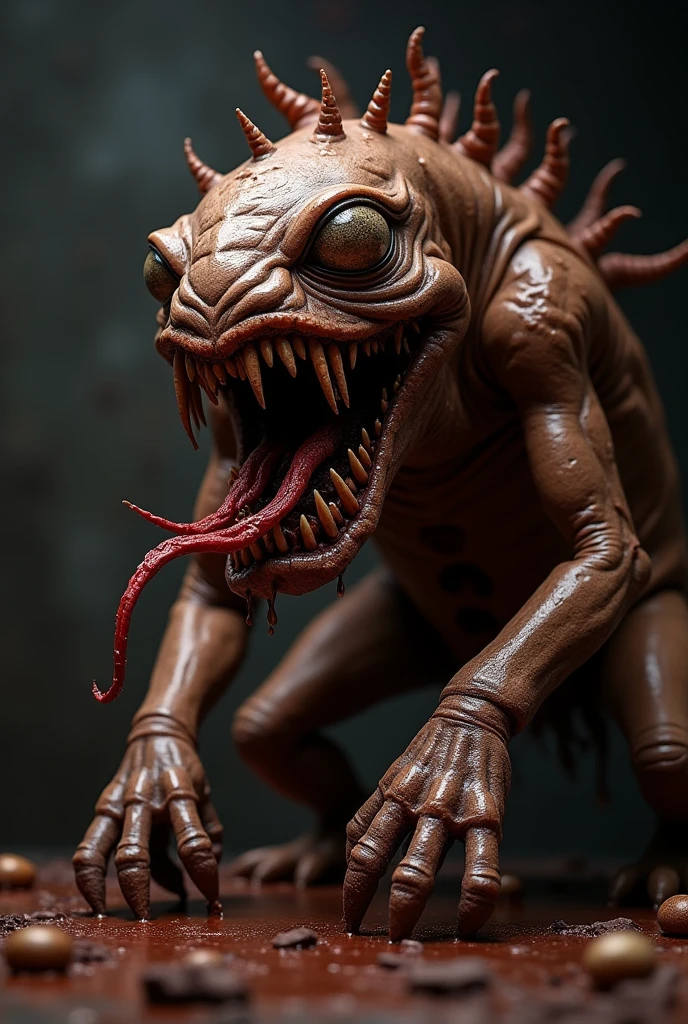 a horrifying ugly monster with multiple eyes on its face, sharp shark-like teeth, long tentacles, terrifying expression, in a realistic kitchen setting, photorealistic, 8k, high quality, highly detailed, cinematic lighting, dark and moody atmosphere