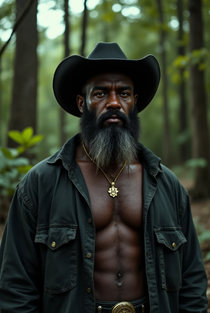 fuhrerdoodles style painting of a rugged lumberjack wearing an open plaid shirt holding an axe in one hand standing in the jungle, beautiful eyes, black beard, black hair, detailed , sexy pose, erect cock, erect penis