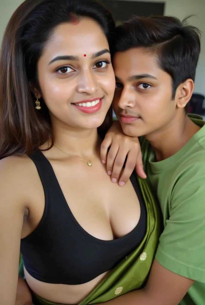 portrait of a big indian lady in ruffled mini skirt, standing with one (1 boy) naked, indian girl has big breasts,boy grabbing the girl, realistic, high detailing, hyper-realistic, 8k (( boy grabbing girl' waist)) , sexual pose, pose