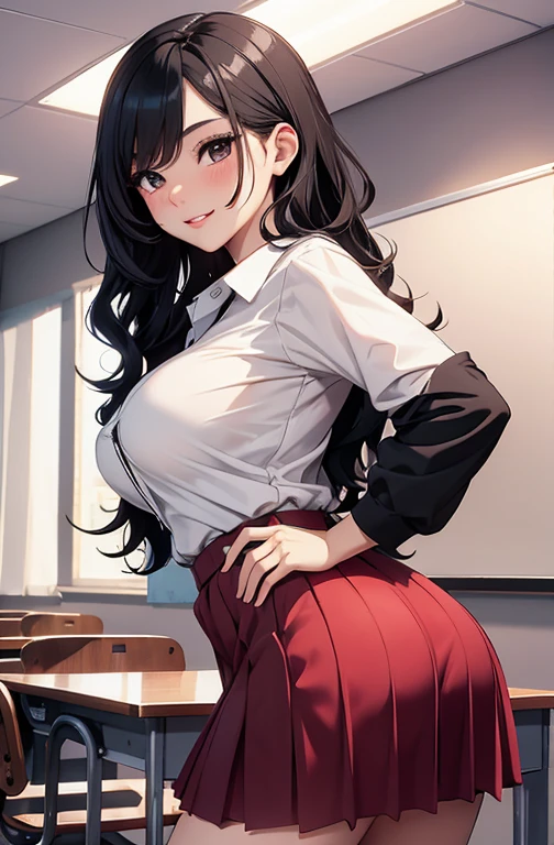masterpiece, best quality, best lighting, shadows, perfect anatomy, 1 girl, 21 years old, mature features, black wavy hair, black eyes, seductive eyes, blushing, flirty, pretty smile, tiny red skirt, white tight shirt, classroom background, ass, breast, thighs, nsfw,