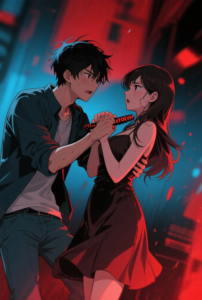  Make an image of the white male character with brown eyes and hair, with medium length hair parted in the middle with black clothes holding a purple power. and one with long black hair and white bangs and red eyes, with a short black jumpsuit long black hair with black power in her hand Using powers on an anime style battlefield 
