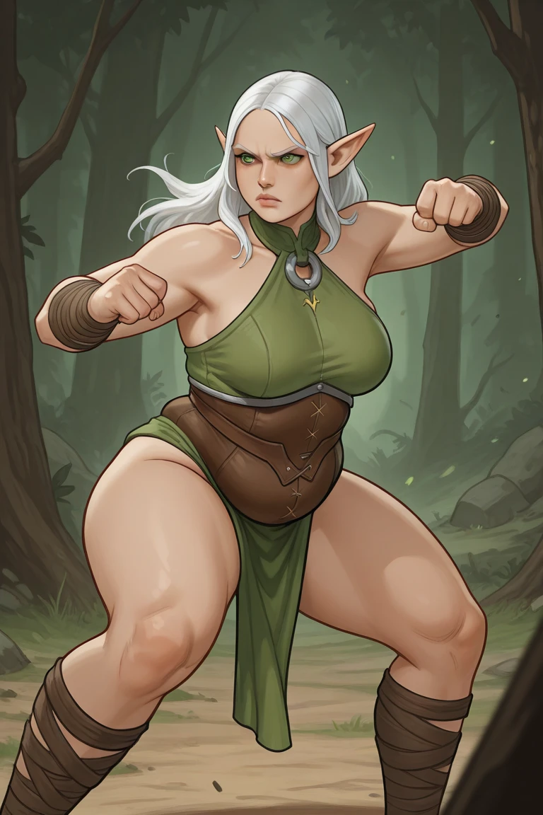 ((Masterpiece)), ((Best Quality)), ((Solo)), ((alone)), ((1girl)), ((full body)), Queen of the Grey Elves, bikini of, central, Wide leather belt, Peach Boots, viewer, Face, Portrait, Glowing eyes, Green smoke,  Black background, embarrassing smile,  large udder, Bare skin, devil's figure, Docking screen, (((Massive Female Bodybuilder))), Ultra-wide-angle lens shooting,