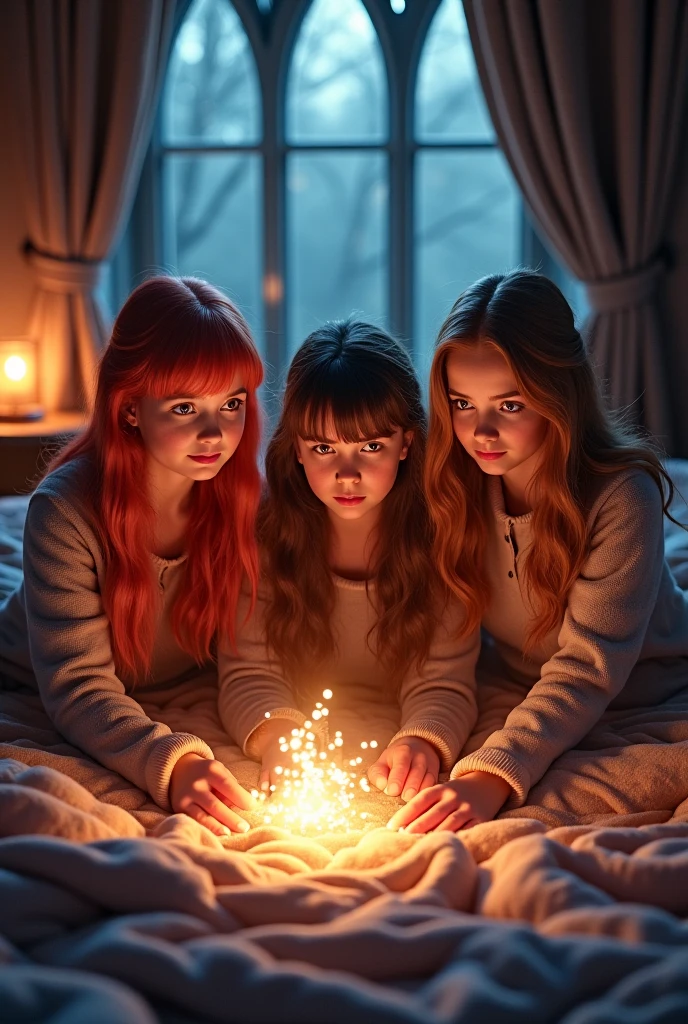 3 girls Russian children with 10 years old, WITH LONG STRAIGHT HAIR blonde, PORTRAIT STYLE, two red candles with sparkles on a red background, candle lights, candle light, bright candles, candle light, lit with candles, dramatic candle light, candle lighting, candles, candlelight, bright red, red glow, dripping candles,  3delight, candles!, lit candles, illuminated candle, many candles, volumetric candle, flashy red lights, soft red lights