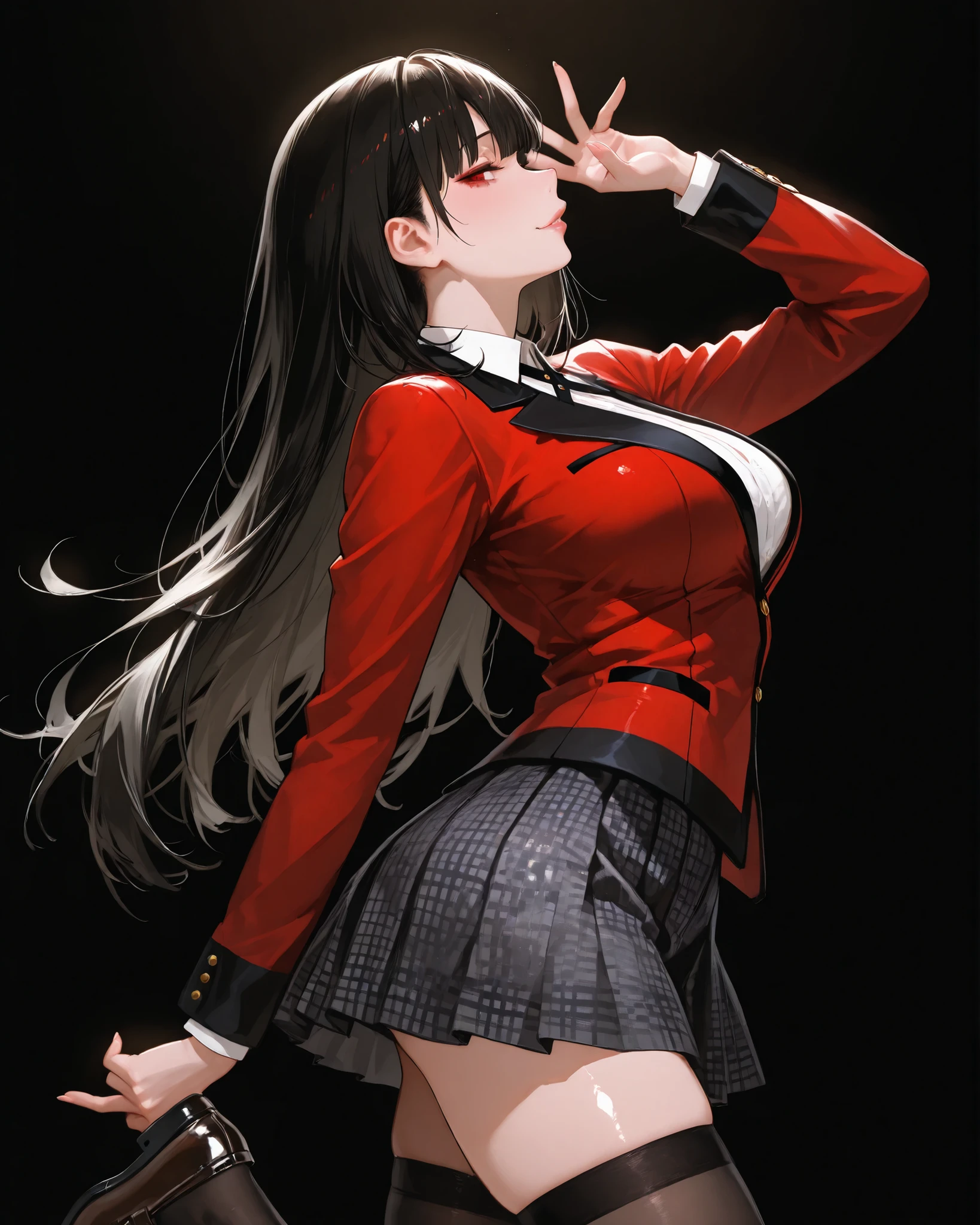 1 girl,Detailed details,long black hair,bangs,red ribbon,White blazer,red line uniform,Brown checked skirt,blue eyes,Black tights,evening,horror