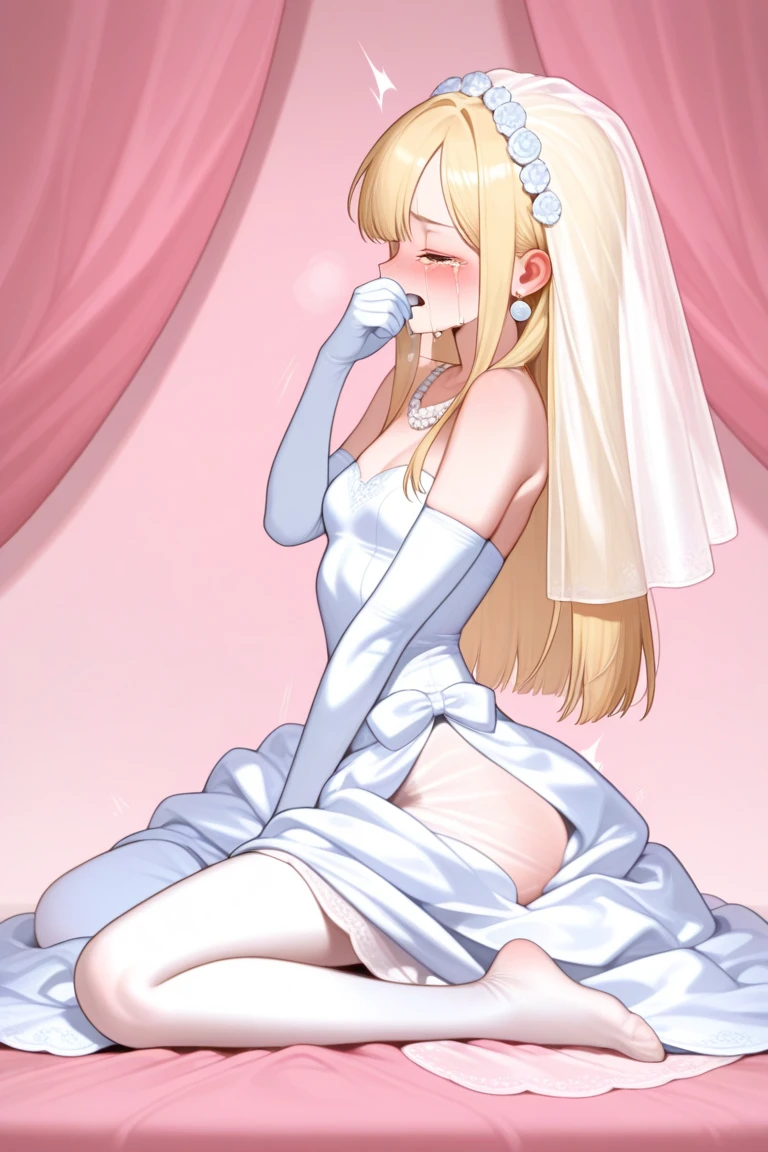 Hands on knees,Jacket with puffy shoulders,closed dmouth,Pearl blonde hyper long hair,Smile,Full body depiction on screen, The body is constricted by very small and tight clothes,super small and tight clothes,Full body depiction on screen,Very detailed embroidery sewn into the chest area,Shoulder pads bulge, Translucent costume Tiara in bangs Wet lips A lot of saliva overflows from the lips Sweating profusely adult Reality Mucus is stringy Wet hair Sweaty Canopy Bed Background Blush cheeks with embarrassment Spots々A dirty dress Wet and transparent white long gloves Wet and transparent white long skirt She is wearing a wet, see-through white high-necked wedding dress. Wearing pantyhose See-through See-through Wet Drooling profusely My whole body is wet from the rain 全てWet とても大きな胸部 Very distended chest Very large chest swelling Two very large bulges on his chest The whole body fits on the screen Blushed cheeks Small Mouth Sweaty skin Rain-soaked skin Clothes stick tightly to the skin Clothes that are wet and transparent from the rain 衣服が汗で濡れてSee-through Glossy skin Clothing has a rubbery sheen Smile Embarrassed expression A very dark room in the middle of the night Baby Face clear Can憐 beautiful girl sitting on hot pink rubber bed A lot of ribbons are sewn into the clothes 濡れて透けたラバーショッキングピンクSee-throughハイネックロングお姫様ドレス Can Wet and transparent rubber pearl white full bodysuit