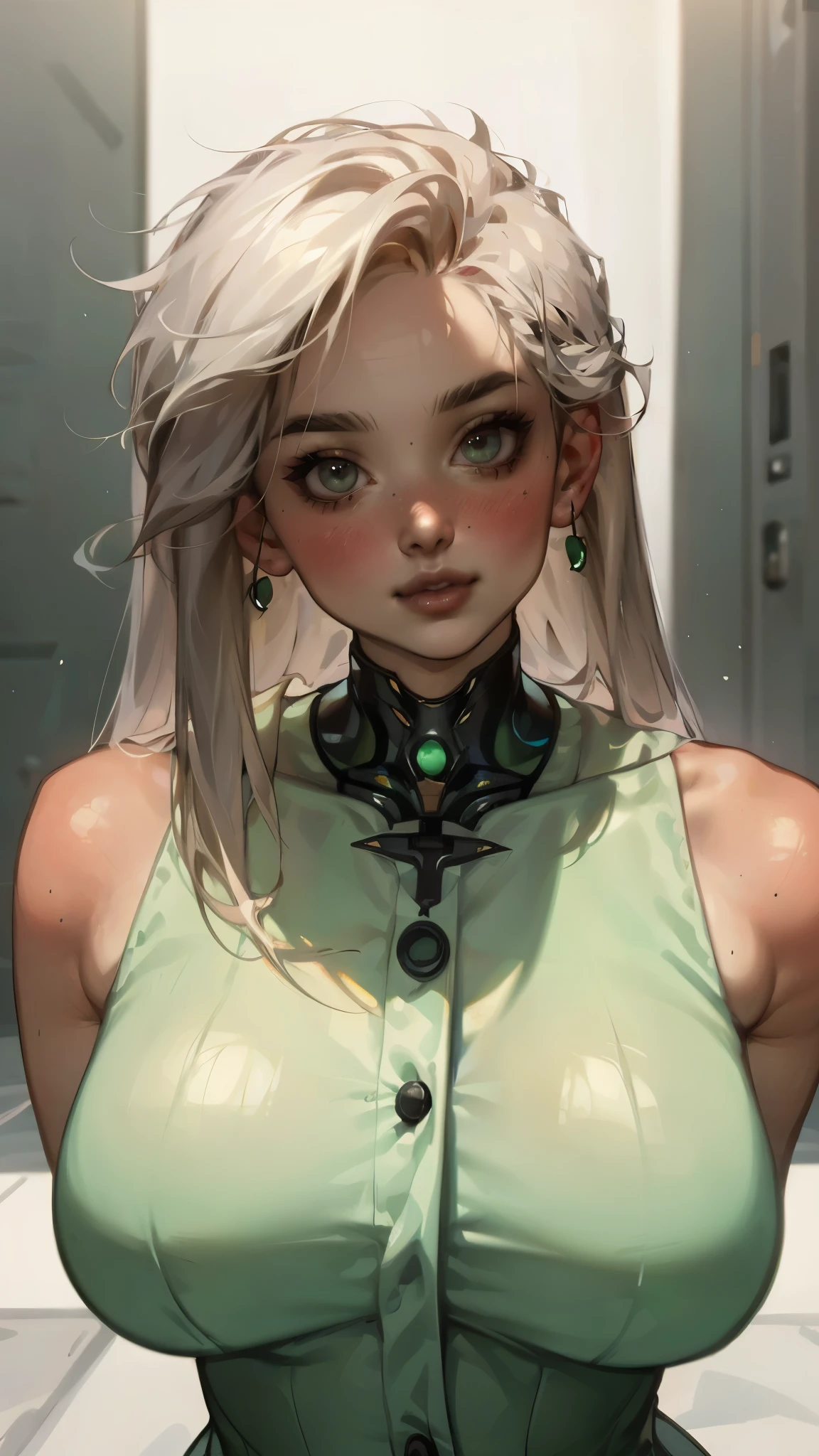 masterpiece, best quality, a beautiful woman with long shiny hair, choppy bangs, delicate face, passionate gaze, perfect smille, blush, seductive expression, tall and fit figure, perfect body, perfect skin, seductive pose, sexy Futuristic Technological Nanogel Clothing, the color scheme is primarily White with Green accents, toriBlackQuironl, this character embodies a finely crafted sexy beauty, exquisite and mature painterly style, bouncing light, soft shading, sashakhme, goddess, feminine, exquisite photography, depth of field, bokeh, photorealistic, even and soft lighting on face, dramatic, high definition, highres, ultra detailed, professional photo, perfect body proportions, anatomically correct, symmetrical face, extremely detailed eyes and face, perfect eyes, high quality eyes, creativity, RAW photo, UHD, 32k, portrait lighting, cinematic lighting, (masterpiece-anatomy-perfect:1.2)