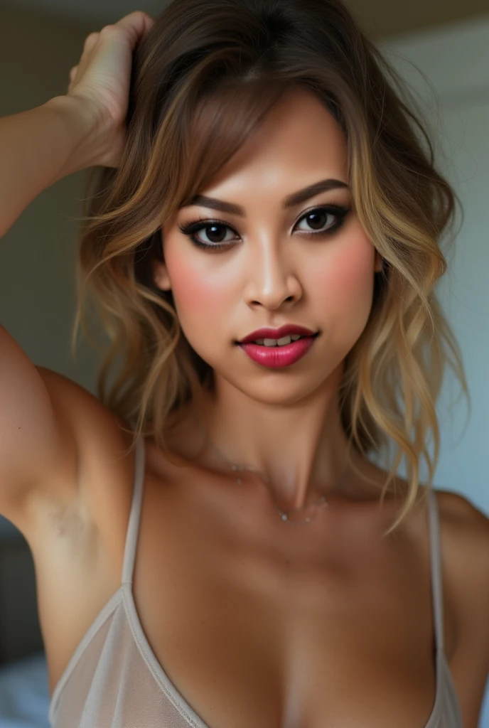 an eye contact of a blond with shoulder length hair and dark theme. Naked, Half American half Asian. With a green screen.