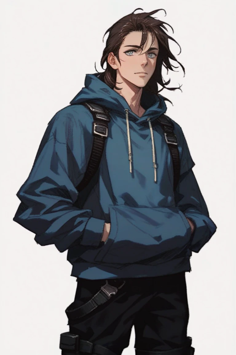 A tall guy with brown hair tied in a small ponytail. grey eyes