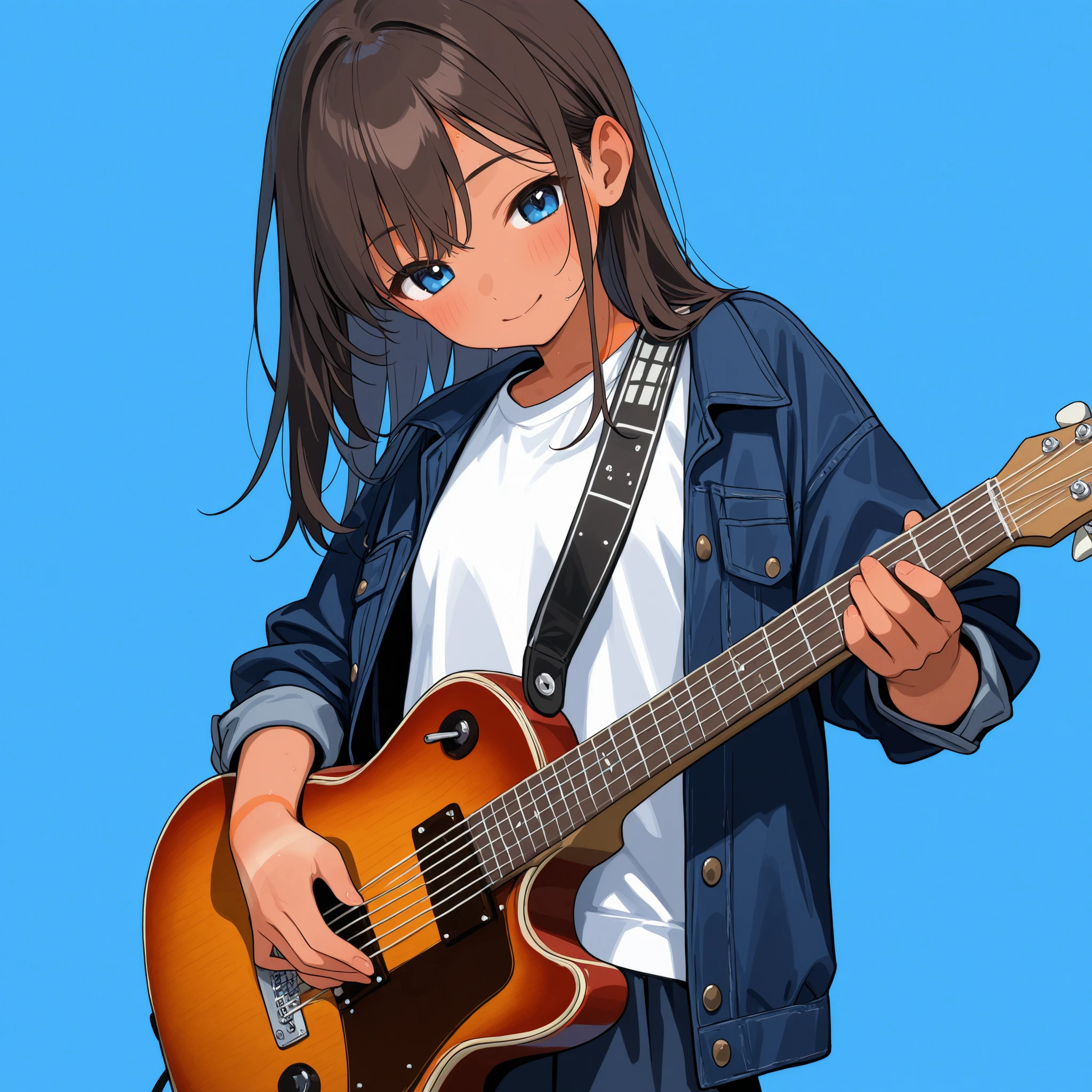 girl, sunburn, guitar,  blue background.