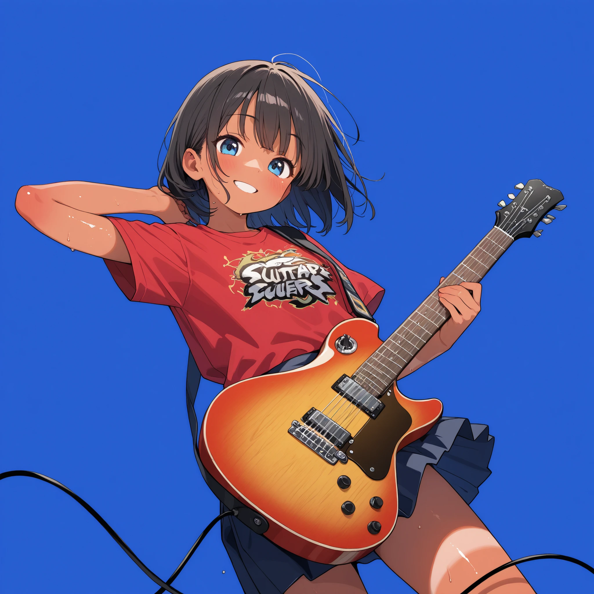girl, sunburn, guitar,  blue background.