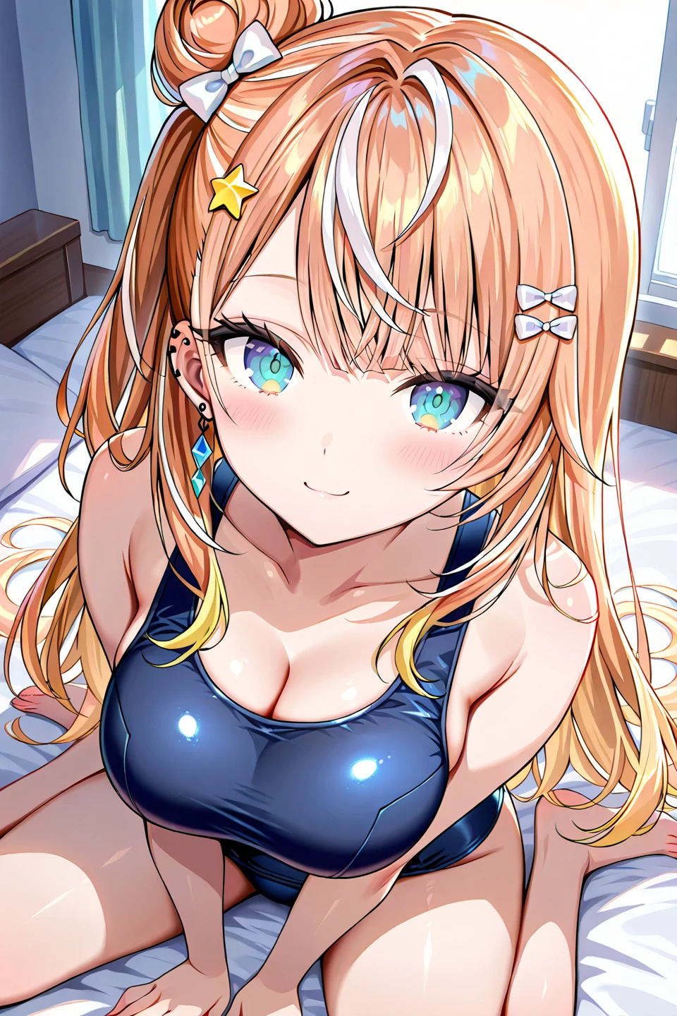 ((8k, Highest quality, masterpiece: 1.3)),Ultra-high resolution,(1 girl, alone), (Color changing eyes, Ultra-detailed, Expressive brilliance, Glitter, Glowing Eyes), Highly detailed eyes, Highly detailed face, Random Hair, ((pastel colour)),A gentle young woman with pastel yellow hair styled into a loose bun, sitting on her bed in her brightly lit bedroom during the vibrant light of mid-afternoon. She is wearing a light blue bikini and has a shy smile on her face as she adjusts her pose. Her legs are slightly open, adding to her delicate and relaxed posture. The camera captures her from a low angle, emphasizing the warm, natural light that fills the room and her soft expression. (open legs:1.5),(She puts her hand inside her bikini and touches her pussy:1.3)