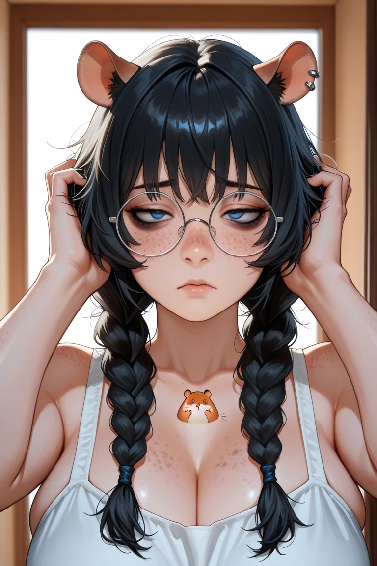 Solo, score_9,score_8_up,score_7_up, a young nerdy Anthro furry wolf woman, wolf snout, white furry body, tall, long black messy hair, black hair, hair in a pony tail, hair covering one eye, white wolf tail, black glasses, blue eyes, white wolf ears, white wolf tail, small breasts, naked, blowjob, she is sucking a human males cock, looking away, cheek bulge, holding a ps4 gaming controller, pouting, simple grey background, side view
