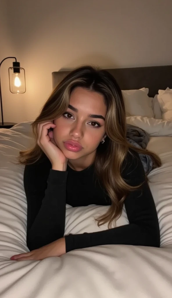 2 mexican girl, Long Wavy Hair, dark brown eyes, eighteen, self portraight pov, taking normal snapchat selfie in dark room (indoors) while laying down in bed