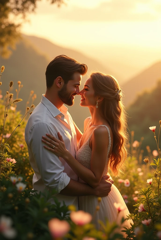 (best quality, highres, ultra-detailed:1.2), realistic, portraits, warm and tender lighting, beautiful detailed eyes, beautiful detailed lips, loving expression, gentle smiles, soft lighting background, cozy atmosphere, delicate skin texture, vibrant colors, intimate family moment, father's loving gaze, mother's adoring look, baby's innocent and joyful presence, loving bond, peaceful and harmonious composition, emotional connection, natural and organic poses, realistic clothing details, natural surroundings, beautiful garden scenery