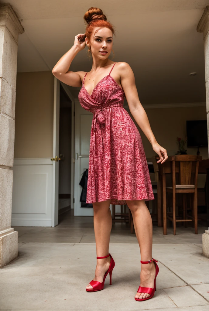 1 mature woman in, age60, Solo, medium casual hair, Bob hair, curvy body, Looking at Viewer, grey hair, Bare shoulders, Brown eyes, jewely, Full body, a necklace, off shoulders, (wearing elegant patterned red tie tube dresses), Distant photo, Realistic, A sexy one, beautiful colour, Perfect skin, 3 bust size, instagram (Realistic, A high resolution),photo size 3:4, 1 cute sexy mature woman, large expressive blue eyes, happy, (8K, raw photo, Best quality, High detail, curvaceous forms, curvy body, seductive pose, in the studio Foto with three ports lighting, with black wall background her back is turned to the photographer. 