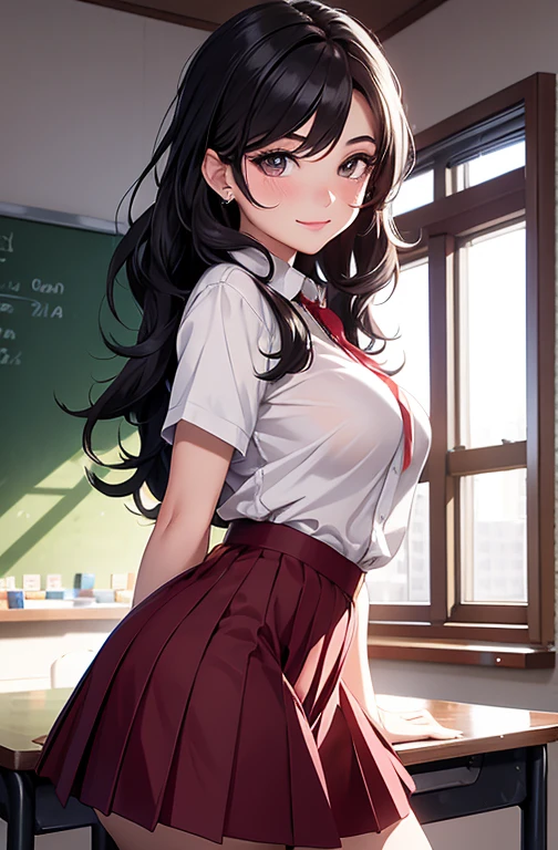 masterpiece, best quality, best lighting, shadows, perfect anatomy, 1 girl, adult anime girl, 21 years old, mature features, showing tits, bitchy face, pretty lips, pretty eyes, black wavy hair, black eyes, seductive eyes, blushing, flirty, pretty smile, tiny red skirt, white tight shirt, classroom background, ass, breast, thighs, seductive, spicy, hot, flirty, nsfw,