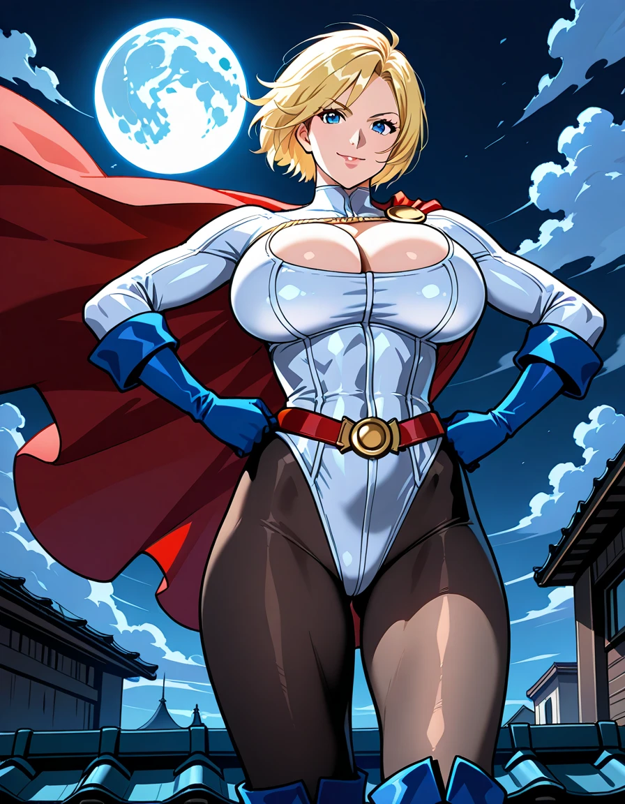 masterpiece, best quality, pwrgirl, cape, leotard, cleavage cutout, long sleeves, blue gloves, red belt, huge breasts, city, looking at viewer, :D, furrowed brow, 1girl, 1boy, sex, legs spread