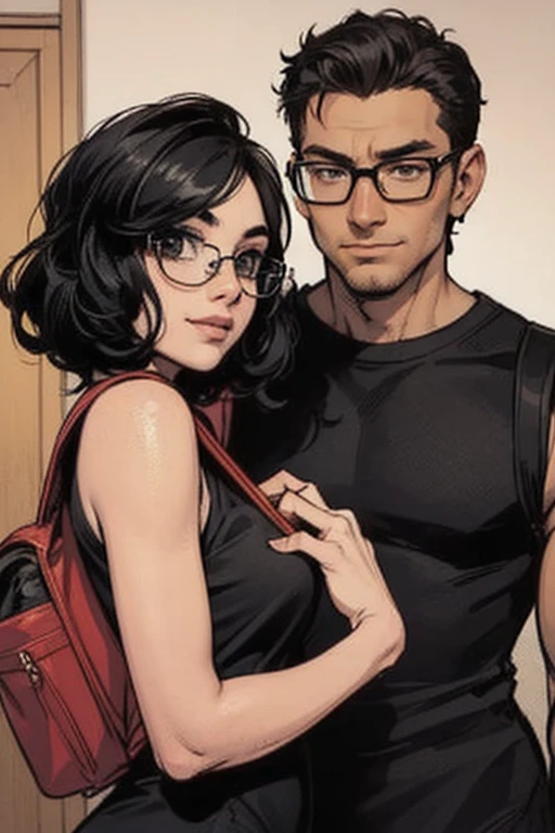 Upper part of the body: 1.2 1girl, masterpiece, Best Quality, ultra detailed, illustration, finely detailed eyes and detailed face) CLOTHES: black mini dress, with great neckline, white stockings, wedding ring, Appearance: Short black hair in a low, clean bun, Natural makeup, (purple eyes: 1.05), white glasses, Wide hips, massive breasts, kissing an adult man , seductive, maternal, at_the_CEO_office, looking at the viewer, curved, voluptuous, Whole body, CEO lady, (mature woman, milf: 1.1), girl in tight dress, in short dress with her young mother, (curvy: 1.1), big ass, thick thighs, in a luxurious room, 8-year-old girl in her young mother's short flared tight dress, 8-year-old girl holding hands with her other,