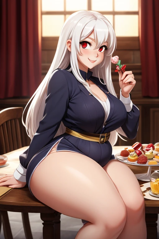 ((ultra quality)), ((tmasterpiece)), fat albino girl Shiro, fat Shiro from the anime Deadman Wonderland, ((White long hair)), Beautiful cute face, beautiful fat female lips, charming beauty, ((Cheerful expression on his face)), is looking at the camera, ((Skin color: white)), Body glare, ((detailed beautiful female eyes)), ((red-eyes)), beautiful female hands, ((perfect fat female figure)), ideal female big fat body shapes, Beautiful waist, nice feet, big thighs, Beautiful butt, ((Subtle and beautiful)), seductive stand at the table with sweets, ((wearing Shiro's costume, white Shiro suit)), background: bar with white walls, ((Depth of field)), ((high quality clear image)), ((crisp details)), ((higly detailed)), Realistic, Professional Photo Session, ((Clear Focus)), ((cartoon)), the anime, NSFW