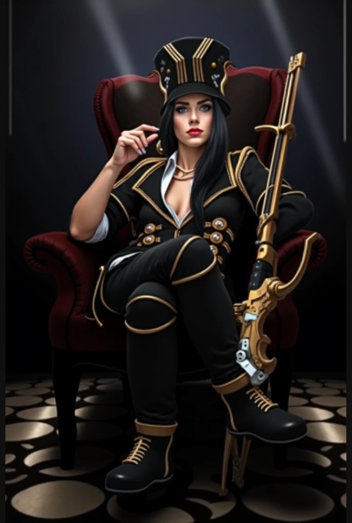 real character, a beautiful girl, 17 years old, beautiful breasts, Medium breasts, smooth black hair, wearing a blue and black jacket, wearing a small gold skull necklace and skull earrings, glowing, dark background with blue smoke The girl is sitting on the king's blue throne chair, holding a large black box, Hyperrealistic, masterpiece, vibrant colors, stunning visuals, ultra skin texture, stable diffusion, perfect anatomy, crazy details, realistic lighting