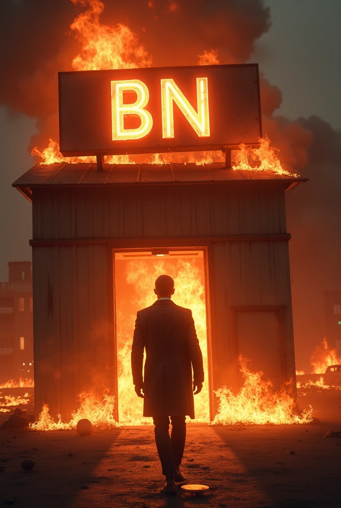 A party where a commercial airline pilot is the DJ ,and everything is full of fire and on the wall there is a notice that says 'bankrupt singing bar' with letters of red fire