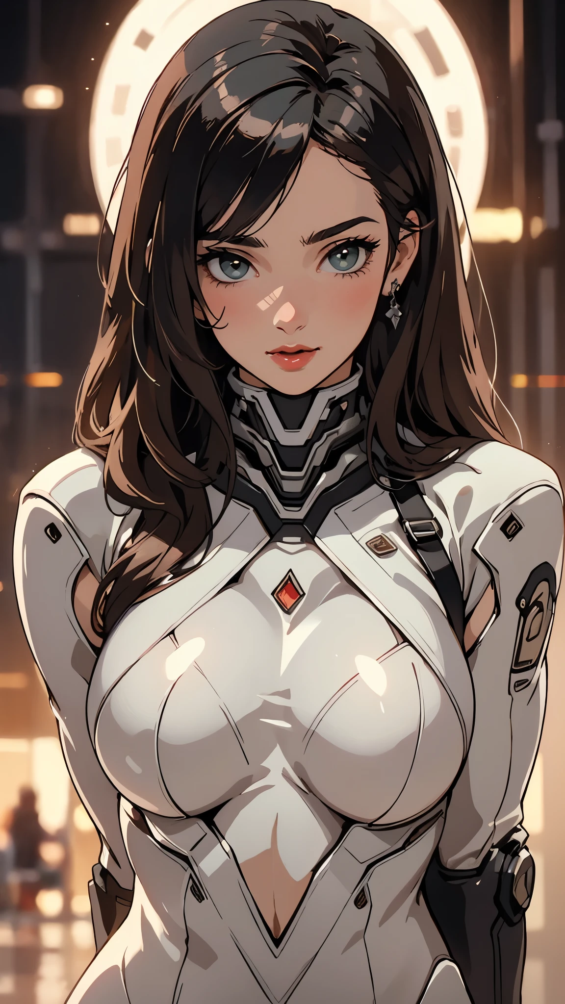masterpiece, best quality, a beautiful woman with long shiny hair, choppy bangs, delicate face, passionate gaze, perfect smille, blush, seductive expression, tall and fit figure, perfect body, perfect skin, seductive pose, sexy Futuristic Technological Nanogel Clothing, the color scheme is primarily White with Green accents, jenniferconnelly, this character embodies a finely crafted sexy beauty, exquisite and mature jim lee style, goddess, feminine, exquisite photography, depth of field, bokeh, photorealistic, even and soft lighting on face, dramatic, high definition, highres, ultra detailed, professional photo, perfect body proportions, anatomically correct, symmetrical face, extremely detailed eyes and face, perfect eyes, high quality eyes, creativity, RAW photo, UHD, 32k, portrait lighting, cinematic lighting, (masterpiece-anatomy-perfect:1.2)