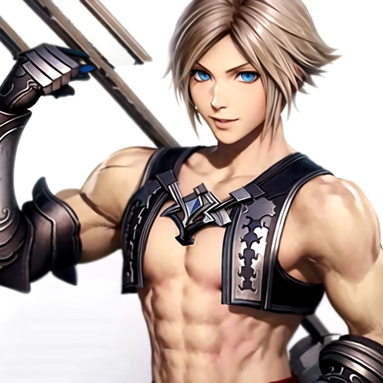 (masterpiece, best quality:1.2,simple background,white background,anime style),1boy,solo,vaan \(final fantasy\),bare shoulders,blonde hair,blue eyes,gloves,looking at viewer,muscular
muscular female,toned,open vest,smile