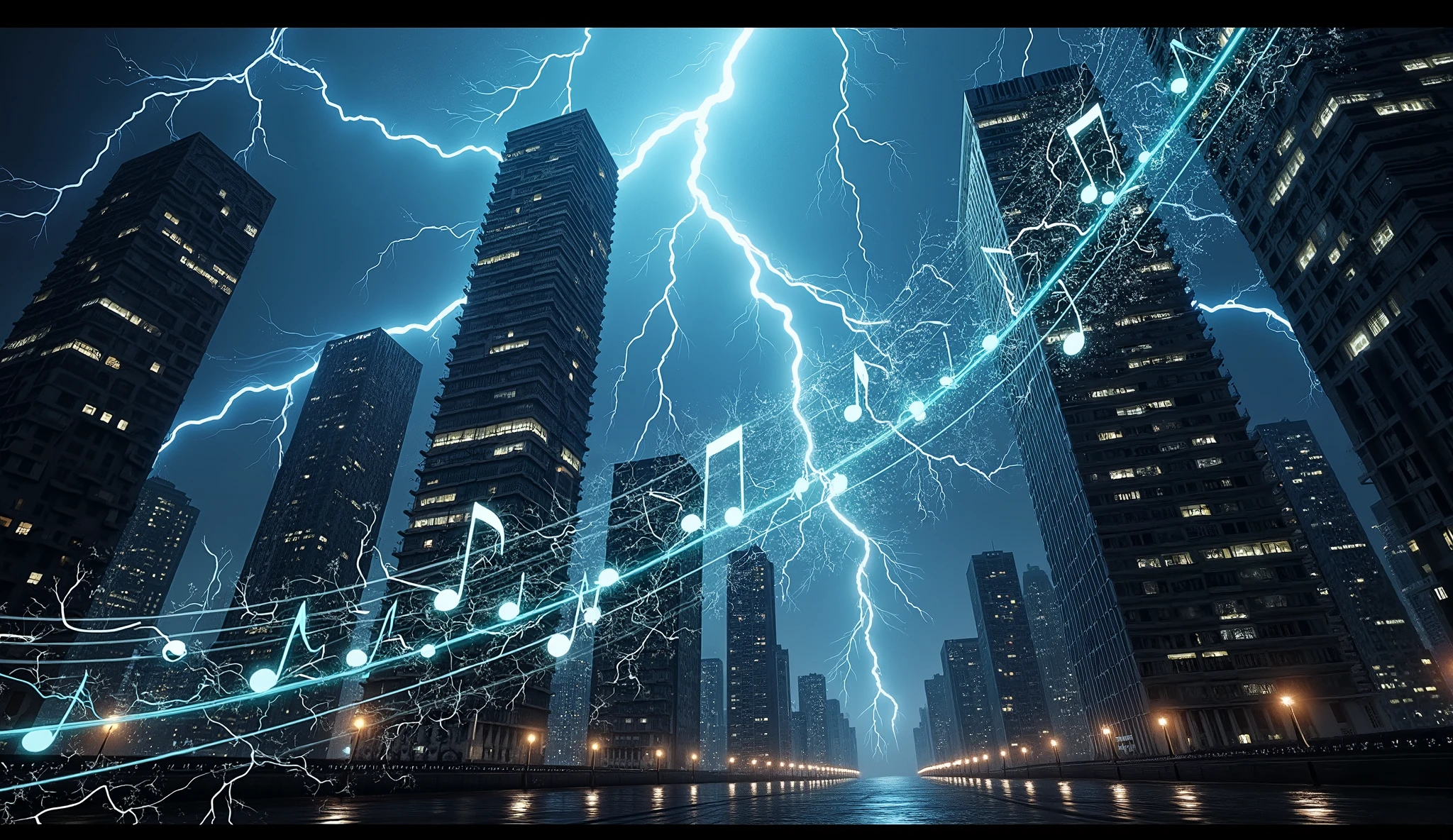 The notes surround skyscrapers,Let the melody flow through the city, storm with strong lightning illuminating the night sky.