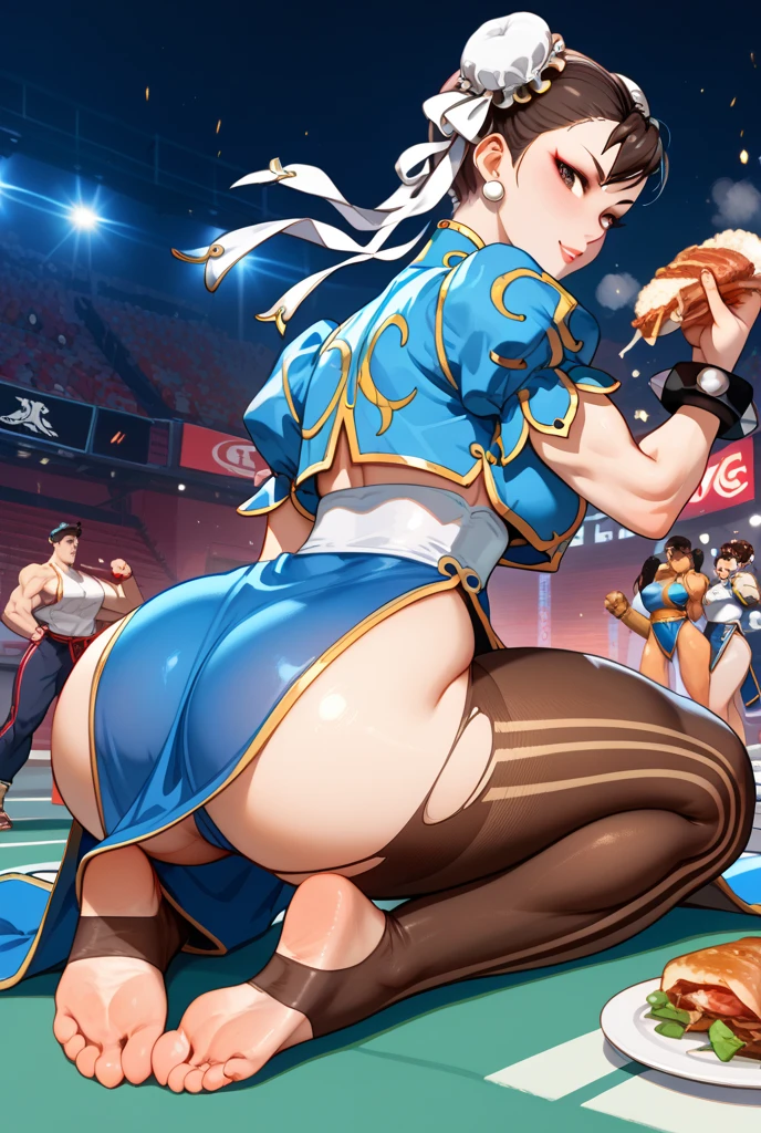 masterpiece, best quality,1 beautiful woman vs 1 defeated man, ((A dominant woman pressing crotch her male opponent who is lying on his back in a mounted position)), t-shirt side-tie panties knee high boots costume active fighter, gloves, seductive grin smirk, looking down, light-brown hair, sweat, knocked down male opponent frightened beg and humiliated, from below, dynamic angle, ((focus steaming butt)), depth of view, at MMA ring
