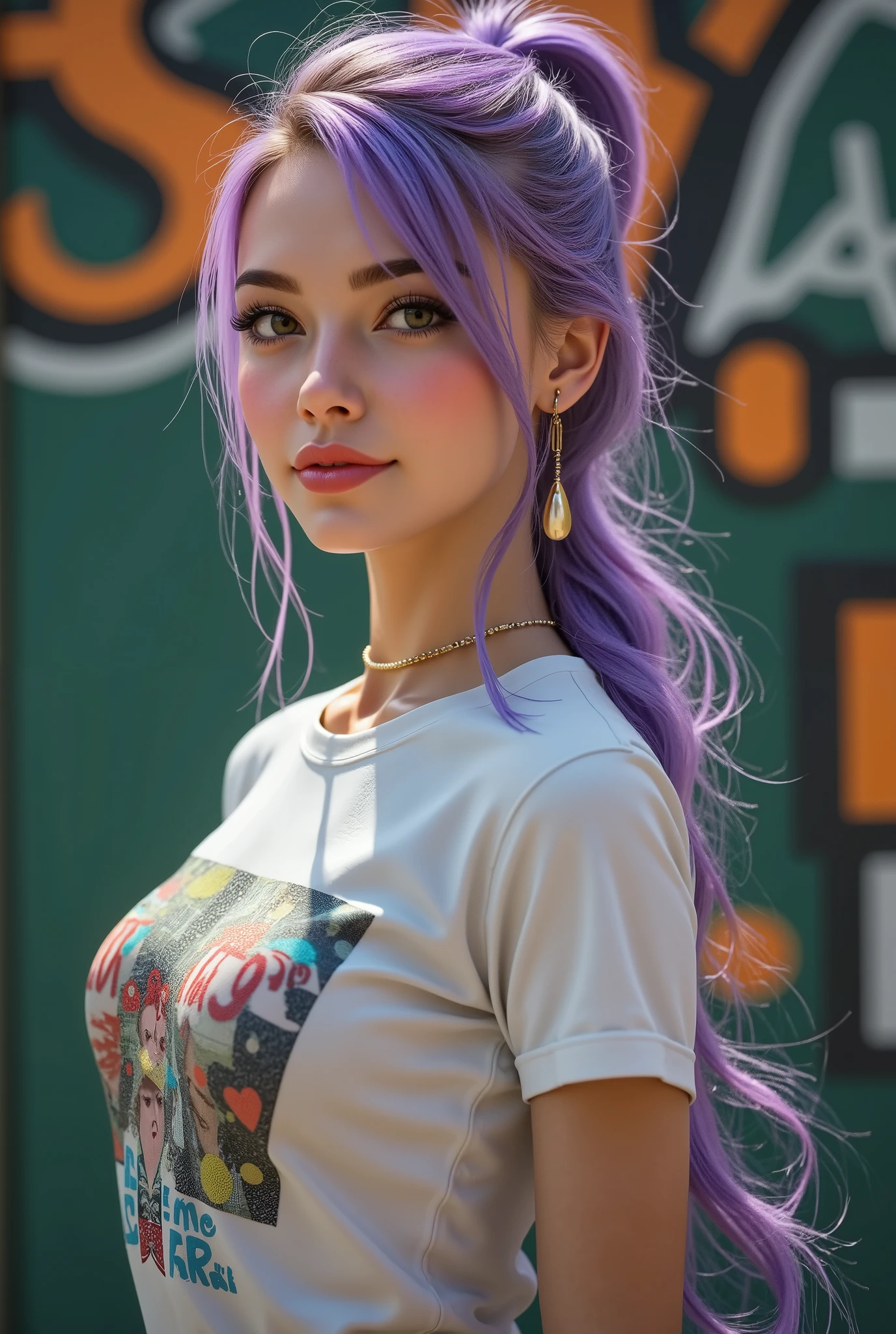  [Style: - "8k, masterpiece, realistic, photorealistic realism, hyper high resolution" - "highest quality, intricate, ultra-detailed digital art, (ultra_detailed, UHD:1.2)"] (Key Directive: - "The priority is the anatomical accuracy and texture of the materials" - "Ultra-sharp human eyes with biological accuracy") {Character: "(full body shot:1.3), [beautiful girl , perfect female skinny body], full bodyesbian, (Beautiful long legs in good style:1. 25) aaverage butt: "((firm, protruding buttocks))", (perfect hot model body:1 . 4) , (slim belly: 1 . 2) , (muscular body) , ((firm and full breasts:1.45))]" | Face: "full lips, pink lipstick, intense gaze" | Eyes: - "((sharp focus, no blurry eyes, Hyper absurd quality, Hyper details, Hyper realistic brown eyes:1.3))" - "((extra narrow eyebrows))" - "(Carefully draw Long blue_mascara)" - "(perfect round eyes)" full bodyesbian, High Contrast , Costume\(short,T-shirt,white,cut-off,printed graffiti), BRAKE ,(tight denim short , black, short , Torn), BRAKE ,(knee socks,white,with ((red stripes))), BRAKE , ((sports shoes(lace-up),white)) , ((Long Messy ((purple Pony:1.3)) with Braid)) , {"((turning back , back shot:1.25))"} ,  ((green and orange background)), (Rendering engine: "Unreal Engine 5 path tracing, 16K texture maps") | The ultra-Highres,Unreal 5,Subsurface scattering,PBR Texturing,Post-Processing,Anisotropic Filtering,depth of fields,Maximum Sharpness and Sharpness,multi-layered texture,Albedo and Specular maps,Surface Shading,Precise simulation of light-material interactions,perfectly proportions,Octane rendering,Two-tone illumination, Wide Aperture, low ISO, white balance, The rule of thirds