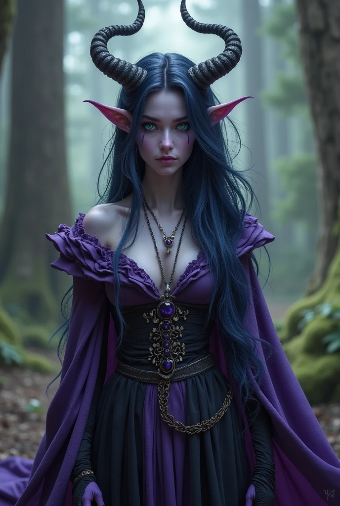 1girl, cowboy shot of beautiful elf druid in black dress with fur trim standing in dark forest, frills, purple hair, colored sclera, glowing eyes, flower crown, glowing butterflies