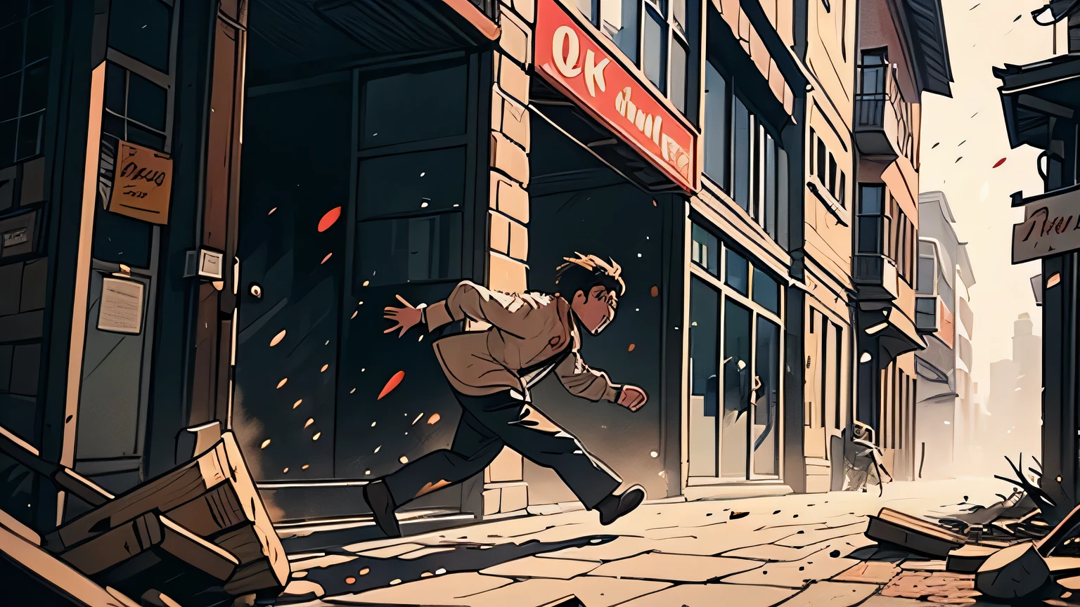 First person, the ground shakes violently, buildings shake, cracks open up in the streets as people run in fear, blood and s everywhere. Ancient illustration, acuarela ancient paint, ancient filter brown, 4k, dinamic pose, dinamic photo, chaos.