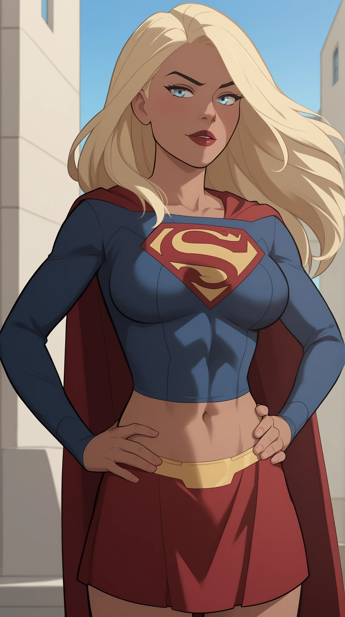 WITH YOUR BACK TO THE CAMERA,((ultra quality)), ((masterpiece)), supes, cute smile, smile, ((long blonde hair)), (Beautiful face), (beautiful female lips), (), charming, ((sexy facial expression)), (white skin color), (white skin), glare on the body, ((detailed beautiful female eyes)), ((dark brown eyes)), (juicy female lips), (dark eyeliner), (crop top, midriff,cape headband), wide eyebrows, slanted green eyes, makeup eyelids, big cheekbones, thin cheeks, defined jaw, (beautiful female hands), ((ideal female figure)), ideal female body, beautiful waist, gorgeous thighs, beautiful huge breasts, cleavage,((subtle and beautiful)), sexy worth
