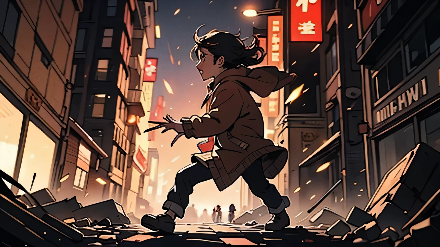 First person, the ground shakes violently, buildings shake, cracks open up in the streets as people run in fear, blood and s everywhere. Ancient illustration, acuarela ancient paint, ancient filter brown, 4k, dinamic pose, dinamic photo, chaos.
