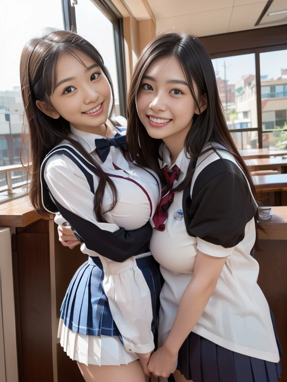 Highest quality、masterpiece、、Very detailed、Realistic、(Young face:1.4)、(Looks like an elementary school :1.4)、(Two Girls)、(Looking at me with a mischievous smile)、whole body、Small face、Narrow shoulders、(Very small breasts:1.5)、Thin and beautiful legs、Tight and slim waist、(Waitress uniform with buttons and collar:1.2)、(Light blue plaid mini skirt:1.1)、Short Hair、(Erect nipples:1.1)、apron、restaurant、(Open the buttons on your chest a little and lean forward.)