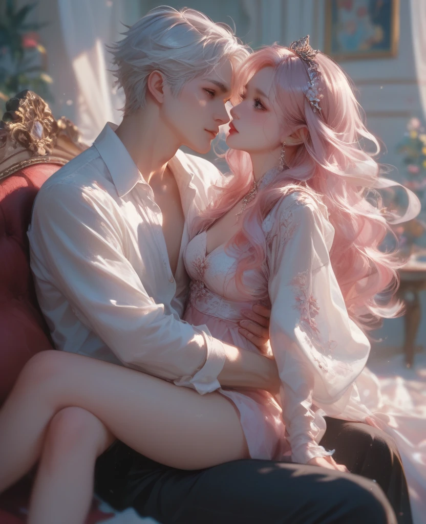((realistic: 1.5)),((best quality)), ((masterpiece)),((detailed)), 1man short white hair, red pupils, dark angel wings, focus on face, innocent look, sweet smile, woman next to him with pink hair and green eyes, hugged in his arms, sexy, big breasts, thick thighs, white dress, sitting on the throne in the middle of the forest
