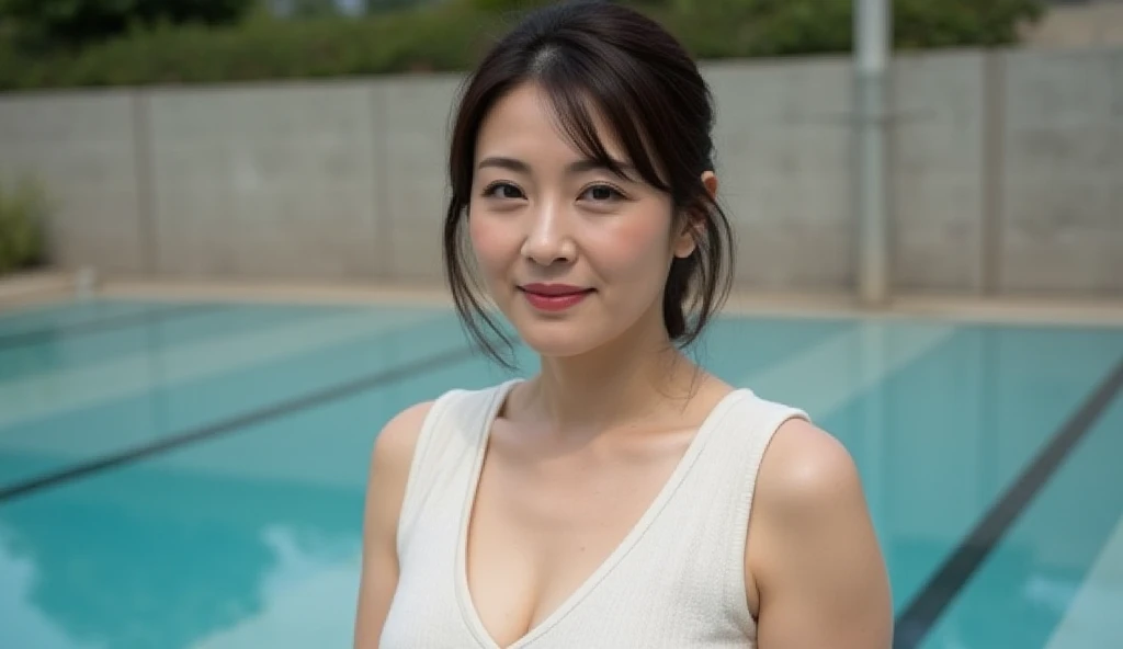 8k, 55 year old mature Japanese woman, Beautiful mature woman, Long eyelashes, Fine wrinkles, Low Ponytail, Red lipstick, Tennis Wear, Saggy breasts, Cleavage, Pearl Necklace, Red lipstick, hat