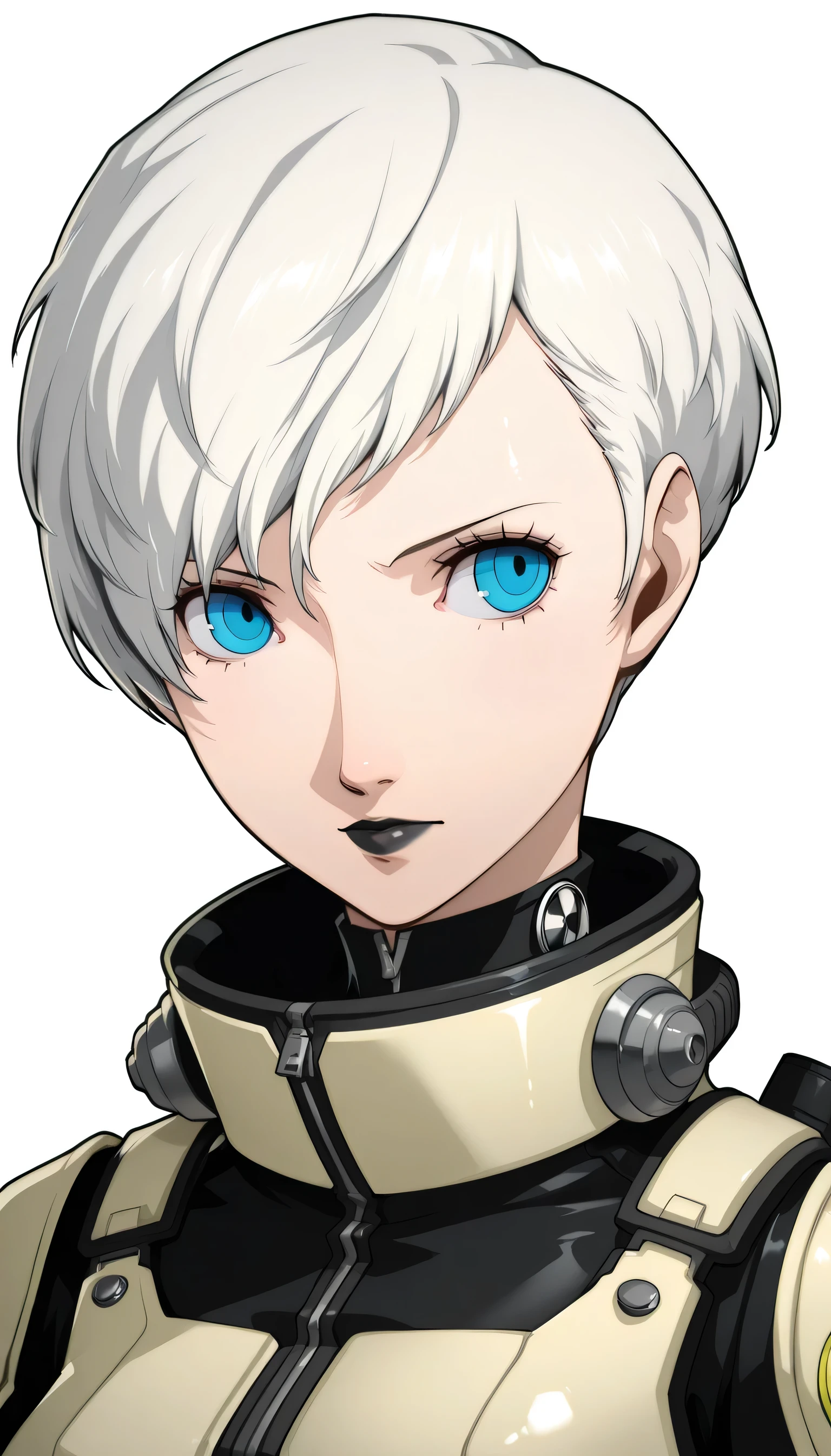 1 girl, blue eyes, very Short hair, black lipstick, white hair, tomboy Pixie haircut, black firefly combat suit, portrait, azusa shimada style, white background , shiny skin, persona 3 reload style