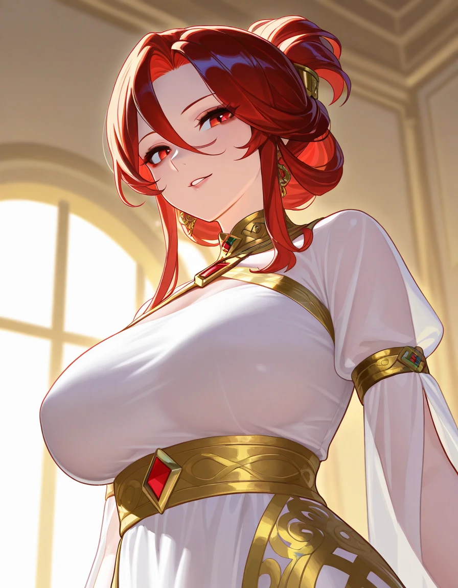RanmaChan, Red hair, Braided hair, blue eyes, detailed eyes, whole body, lindosexyrobutts, tight black blouse, black crop top, exposed navel, clothing attached to the body, Tanga sexy, sexy stockings, 【Costume】【cosplay】White Dress of Albedo (Overlord), white thong, big neckline
