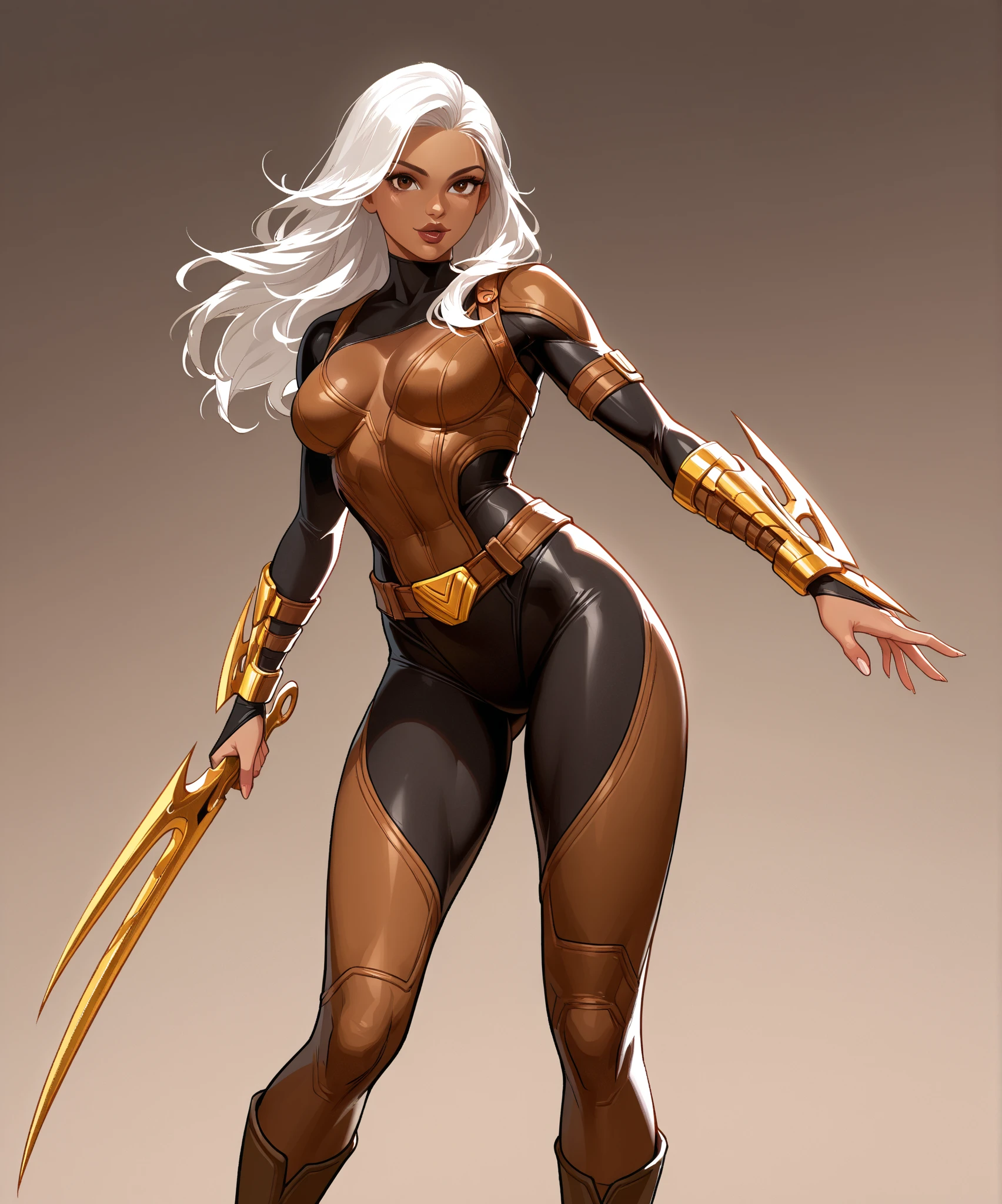  Generate an illustration of a mature Jade Cargill, ((wwe)),  silver hair ,  (black skin), de terno preto, (bikini:1.3), short hair, hair combed back, (gigantic breasts:1.3), in anime format with a serious style, (green Leggings), ((white and black bikini)), black boots, gothic make up, masterpiece, ((dark lighting)), black background, (puffy lips),((slendered abs)), beautiful face,