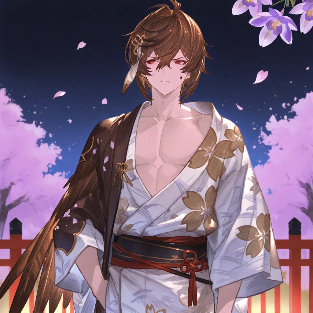 score_9, score_8_up, score_7_up, score_6_up, score_5_up, score_4_up intricate_details_xl, cherry blossoms, simple background, dark theme, gradient background zhongli, brown hair, orange hair, gradient hair, (pout:0.9), light frown, nude man, clothless, penis, full-height, big muscles, undressing, taking clothes off, soft penis, foreskin over penis, pubic hair, hairy body, blushing, <3, black pants, smiling