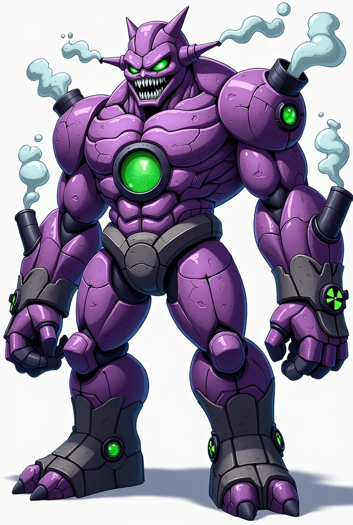 A fat Anguloid wielding dual plasma rifles implanted in both hands, similar to a Mancubus from Doom. The Anguloid has a swooped-back head, green glowing eyes, grey skin, sharp teeth, and a menacing expression. It stands in a battle-ready pose with its dual plasma rifles aimed forward. The background is a dark, otherworldly landscape with hints of futuristic technology and alien architecture.