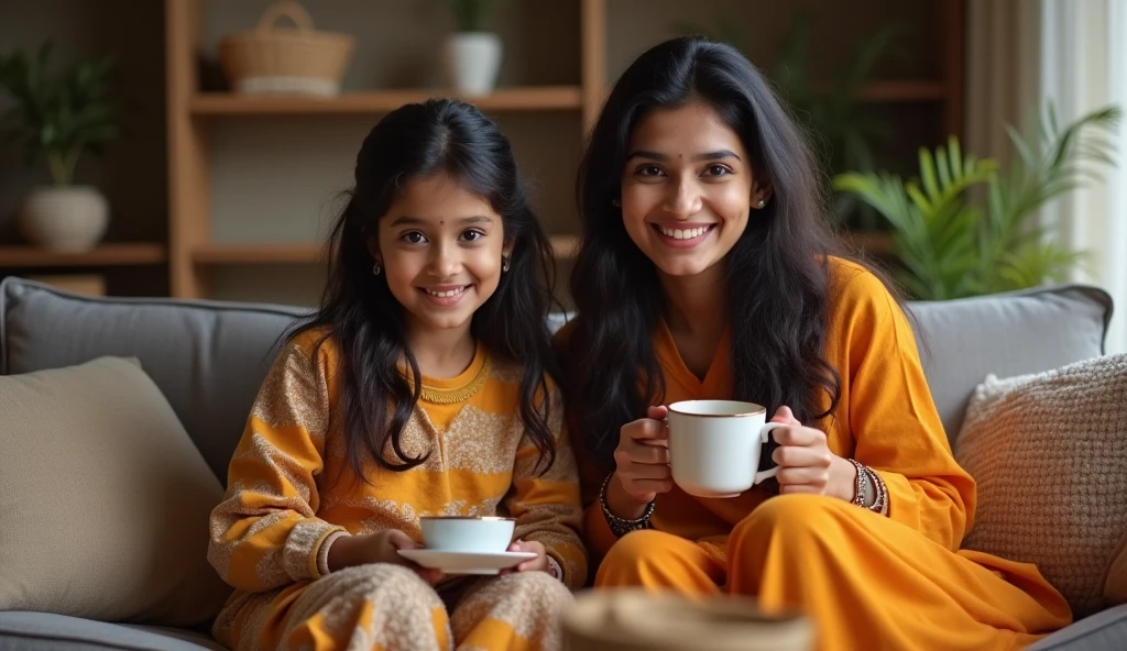 3 sisters are sitting on the floor, drinking tea,older one is 22 years old, tanned skin,wearing light orange colour designed shalwar kameej, middle one 20 years old, young lady, tallest,white skin,wearing dark blue tunic and white loose trouser,a scarf, little one 11 years old, young girl, small hair,white skin,wearing red colour half pant and red colour fotua( top)