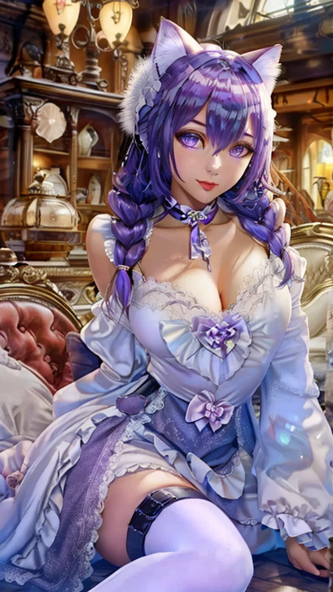 (masterpiece:1.2), (Best quality at best:1.2), perfect eyes, perfect face, 1 Girl, Alone, 8K, Best Quality, large breast,(Detailed description of hair), (Detailed description of face),(Detailed description of body), fair and clear skin, matchless beauty, long legged, facing the audience, professional photographic lighting, purple hair, lolita, black maid costume, purple eye, short hair, cleavage, red rose on head, kneeling, submissive look