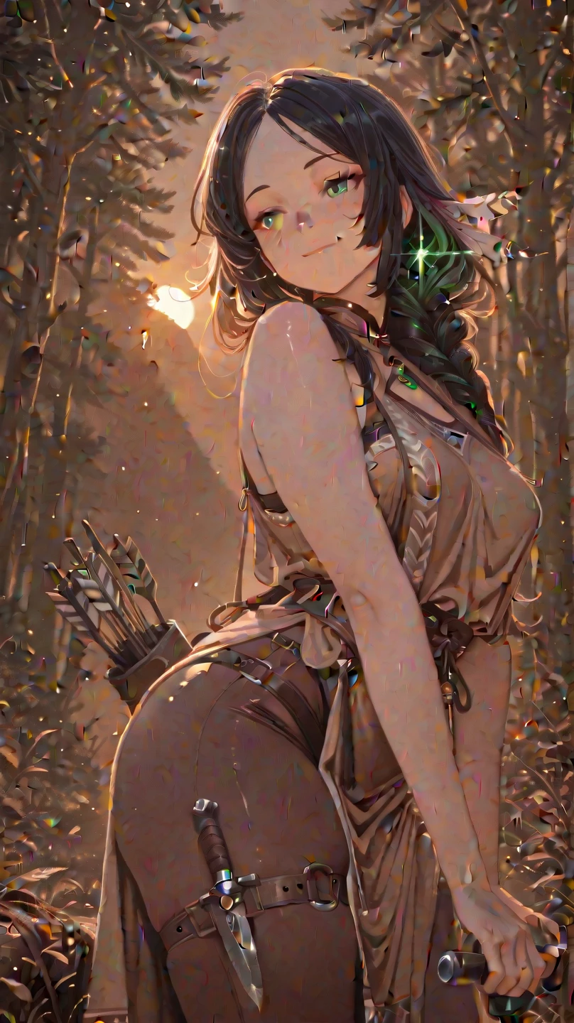 1girl, nidalee  <lora:Nidalee-32:1>, (spear, holding weapon, holding spear:1.2), standing, jungle, forest, day, flowers, wind, floating hair, smile