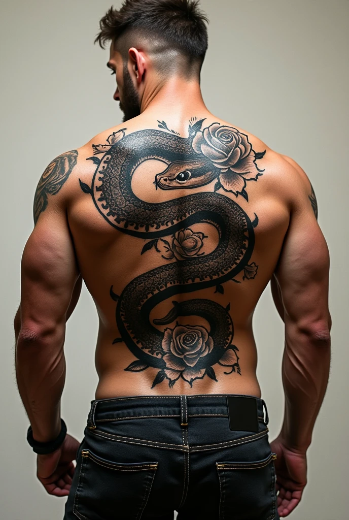 Teen man, topless, muscular, koi fish tattoo on his back