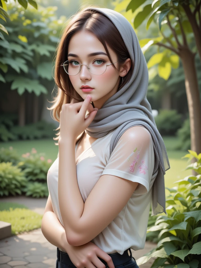 glasses, cosplay, cosplayer, brownies, sky,moon, (Close-up of the painting style,Ultra HD 8K,Masterpiece grade CG wallpaper),Cinematic lighting,cute girly,Delicate and beautiful face,Dreamy pupil,round waist,hijabi,Bust poem,Sit,Cloudy background,the trees,florals,summer,Chinese style buildings, cleavage, magical